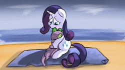 Size: 1000x563 | Tagged: safe, rarity, spike, dragon, pony, unicorn, beach, blushing, cute, female, hug, male, shipping, sparity, spikelove, straight