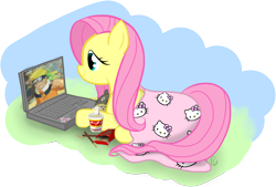 Size: 1452x984 | Tagged: safe, artist:equinepalette, fluttershy, pegasus, pony, blanket, computer, hello kitty, hilarious in hindsight, laptop computer, naruto, otaku, otakushy, pocky, ramen, sanrio, solo, totoro