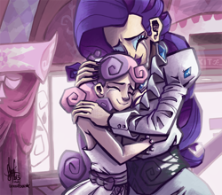 Size: 800x705 | Tagged: safe, artist:theartrix, rarity, sweetie belle, human, sisterhooves social, carousel boutique, crying, embrace, feels, forgiveness, hug, humanized, light skin, scene interpretation, sisters, sweetielove