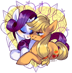 Size: 900x911 | Tagged: safe, artist:kunaike, applejack, rarity, earth pony, pony, unicorn, blushing, eyes closed, female, freckles, lesbian, mare, one eye closed, rarijack, shipping, smiling