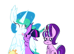 Size: 1100x800 | Tagged: safe, alternate version, artist:dragonpone, derpibooru exclusive, princess celestia, starlight glimmer, twilight sparkle, twilight sparkle (alicorn), alicorn, pony, unicorn, :t, angry, bff, cheek fluff, chest fluff, ear fluff, equal cutie mark, eyes closed, hug, simple background, sitting, smiling, tongue out, transparent background, winghug