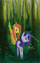 Size: 700x1100 | Tagged: safe, artist:sterfler, fluttershy, rarity, pegasus, pony, unicorn, forest, grass, magic, scared, scenery, smiling, spread wings, wings