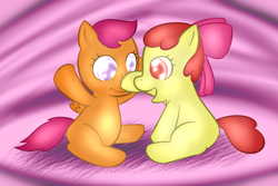 Size: 750x500 | Tagged: safe, artist:lamia, apple bloom, scootaloo, boop, cute, younger