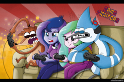 Size: 1779x1176 | Tagged: safe, artist:the-butch-x, princess celestia, princess luna, principal celestia, vice principal luna, equestria girls, controller, crossover, gamer luna, mordecai, mordecai and rigby, regular show, rigby