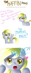 Size: 1200x2800 | Tagged: safe, artist:kawaiicutie-chan, derpy hooves, pegasus, pony, female, mare, muffin, muffin man, the muffin man