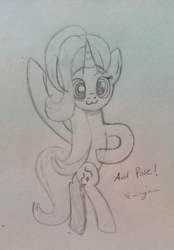 Size: 718x1030 | Tagged: safe, artist:ponyenigma, starlight glimmer, pony, unicorn, :3, ballet, bipedal, looking at you, monochrome, pose, solo, traditional art