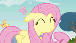 Size: 500x281 | Tagged: safe, screencap, fluttershy, pinkie pie, butterfly, earth pony, pegasus, pony, too many pinkie pies, animated, face grab, female, mare, offscreen character, solo, squishy cheeks