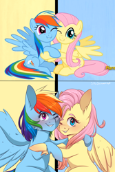 Size: 1800x2700 | Tagged: safe, artist:silbersternenlicht, derpibooru import, screencap, fluttershy, rainbow dash, pegasus, pony, fame and misfortune, blushing, cheek fluff, cute, female, hug, looking at you, mare, one eye closed, scene interpretation, smiling, we're not flawless