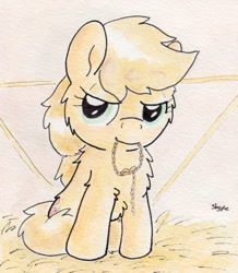 Size: 692x793 | Tagged: safe, artist:slightlyshade, applejack, earth pony, pony, mouth hold, rope, sitting, solo, traditional art