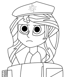 Size: 432x504 | Tagged: safe, artist:sunnyblam, sunset shimmer, accordion, dat face soldier, lineart, monochrome, musical instrument, remove kebab, solo