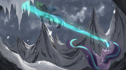 Size: 2914x1632 | Tagged: safe, artist:y-snow, queen chrysalis, starlight glimmer, changeling, changeling queen, pony, unicorn, the ending of the end, female, scene interpretation, starlight vs chrysalis