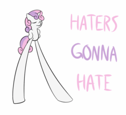 Size: 684x620 | Tagged: safe, artist:lamia, sweetie belle, pony, unicorn, animated, dumb running ponies, eyes closed, female, filly, frame by frame, haters gonna hate, impossibly long legs, long legs, simple background, solo, text, wat, white background