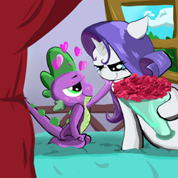 Size: 1024x1024 | Tagged: safe, artist:ba2sairus, rarity, spike, dragon, pony, unicorn, bed, female, flower, kiss mark, male, shipping, sparity, straight