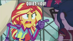 Size: 800x450 | Tagged: safe, edit, edited screencap, screencap, sci-twi, sunset shimmer, twilight sparkle, equestria girls, friendship games, caption, image macro, meme, sunset yells at twilight