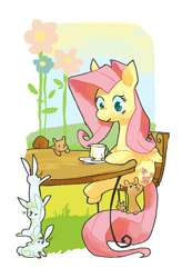 Size: 1024x1558 | Tagged: safe, artist:nifty-senpai, fluttershy, pegasus, pony, rabbit, squirrel, animal, chair, colored pupils, cup, cute, drink, female, flower, mare, shyabetes, sitting, solo, table, tea