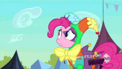 Size: 400x225 | Tagged: safe, screencap, pinkie pie, earth pony, pony, the crystal empire, spoiler:s03, animated, clothes, crystal empire, flugelhorn, hub logo, jester, jester motley, jester pie, puffy cheeks, solo