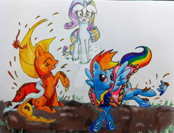 Size: 1024x781 | Tagged: safe, artist:shotsyshotsy, derpibooru import, applejack, rainbow dash, rarity, earth pony, pegasus, pony, unicorn, clothes, crying, dress, traditional art, watermark