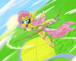 Size: 1500x1200 | Tagged: safe, artist:animeculture, fluttershy, pegasus, pony, action pose, archery, arrow, bow (weapon), bow and arrow, flower in hair, flutterbadass, flying, solo, sword, vertigo, weapon