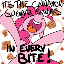 Size: 1000x1000 | Tagged: dead source, safe, artist:reiduran, pinkie pie, earth pony, pony, cinnamon toast crunch, dialogue, food, open mouth, parody, solo