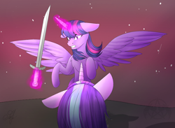 Size: 1108x812 | Tagged: safe, artist:shizzarchan, starlight glimmer, twilight sparkle, twilight sparkle (alicorn), alicorn, pony, unicorn, chest fluff, colored pupils, duo, female, fight, floppy ears, flying, levitation, magic, mare, stars, sword, telekinesis, weapon