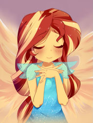 Size: 457x600 | Tagged: dead source, safe, artist:loyaldis, sunset shimmer, equestria girls, my past is not today, blouse, blushing, crying, cute, eyes closed, heroic, shimmerbetes, solo, sunset phoenix, tears of joy, wings