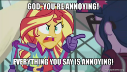 Size: 800x450 | Tagged: safe, edit, edited screencap, screencap, sci-twi, sunset shimmer, twilight sparkle, equestria girls, friendship games, american dad, caption, image macro, meme, sunset yells at twilight