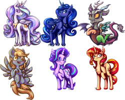 Size: 1280x1026 | Tagged: safe, artist:yourfavoritesoybean, derpy hooves, discord, princess celestia, princess luna, starlight glimmer, sunset shimmer, alicorn, draconequus, pegasus, pony, unicorn, chest fluff, simple background, transparent background