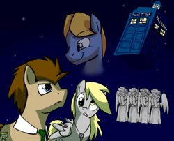 Size: 620x500 | Tagged: safe, artist:derpiliciouspony, derpy hooves, doctor whooves, perfect pace, pegasus, pony, doctor who, female, mare, tardis, the master, weeping angel