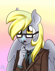 Size: 2300x3000 | Tagged: safe, artist:derpiliciouspony, derpy hooves, doctor whooves, anthro, ambiguous facial structure, clothes, glasses, solo, sonic screwdriver