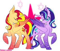 Size: 2197x1882 | Tagged: safe, artist:polkadot-creeper, starlight glimmer, sunset shimmer, alicorn, pony, equestria girls, alicornified, cutie mark, cutie mark background, duo, eyes closed, good end, race swap, shimmercorn, starlicorn, xk-class end-of-the-world scenario