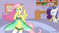 Size: 1920x1080 | Tagged: safe, artist:verminshy, fluttershy, rarity, pegasus, pony, semi-anthro, unicorn, belly button, bipedal, clothes, frilly underwear, green underwear, lingerie, panties, underwear