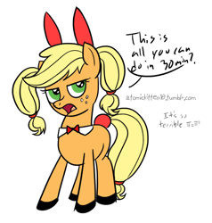 Size: 660x694 | Tagged: safe, artist:atomickitten10, applejack, earth pony, pony, 30 minute art challenge, alternate hairstyle, bunny suit, clothes