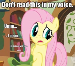 Size: 466x409 | Tagged: safe, screencap, fluttershy, pegasus, pony, image macro, read in her voice, roflbot, solo