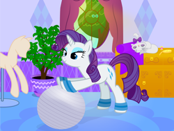 Size: 4488x3387 | Tagged: safe, artist:galekz, opalescence, rarity, pony, unicorn, exercise, exercise ball, pilates, ponyquin, potted plant, solo, wristband