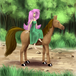 Size: 1200x1200 | Tagged: safe, artist:fahu, fluttershy, horse, barefoot, breasts, cleavage, clothes, dress, feet, humanized, humans riding horses, riding, sidesaddle