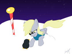 Size: 2000x1500 | Tagged: safe, artist:loomx, derpy hooves, pegasus, penguin, pony, female, mare, north pole, solo, went north to get the southern birds