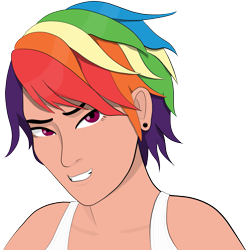 Size: 977x985 | Tagged: safe, artist:totallynotabronyfim, derpibooru import, rainbow dash, human, clothes, ear piercing, earring, female, humanized, jewelry, piercing, smiling, solo, tanktop