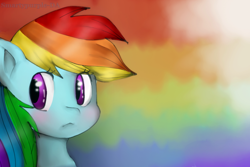 Size: 1038x695 | Tagged: safe, artist:smartypurple, derpibooru import, rainbow dash, pegasus, pony, abstract background, bust, looking away, looking sideways, portrait, solo