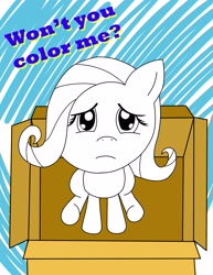 Size: 2550x3300 | Tagged: safe, artist:divinefolklore, fluttershy, pegasus, pony, box, color me, looking at you, pony in a box, sad, sitting, solo