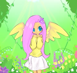 Size: 627x591 | Tagged: safe, artist:like-a-pike, fluttershy, clothes, humanized, off shoulder, solo, sweater, sweatershy, winged humanization