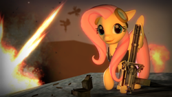 Size: 1920x1080 | Tagged: safe, artist:d0ntst0pme, fluttershy, pegasus, pony, 3d, explosion, gmod, minigun, solo, wallpaper