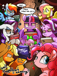 Size: 2100x2800 | Tagged: safe, artist:renokim, derpibooru import, applejack, discord, fluttershy, pinkie pie, rainbow dash, rarity, spike, starlight glimmer, twilight sparkle, twilight sparkle (alicorn), alicorn, dragon, earth pony, pegasus, pony, unicorn, angry, book, cross-popping veins, cup, dialogue, equal sign, equality, eye twitch, female, floppy ears, funny, glare, hearth's warming eve, implied discord, it, looking at you, mane seven, mane six, mare, one of these things is not like the others, prank, question mark, speech bubble, teacup, unamused