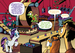 Size: 911x638 | Tagged: safe, artist:andypriceart, edit, idw, rarity, chicken, pony, unicorn, comic, flax seed, text edit, wheat grass