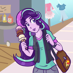 Size: 1024x1024 | Tagged: safe, artist:yoshimarsart, starlight glimmer, equestria girls, mirror magic, spoiler:eqg specials, bag, beanie, clothes, dessert, food, handbag, hat, ice cream, lipstick, solo, vest, watermark