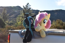 Size: 1342x890 | Tagged: safe, artist:agatrix, artist:joltage, fluttershy, queen chrysalis, changeling, changeling queen, pegasus, female, irl, mountain, mountain range, outdoors, photo, plushie, truck, vehicle