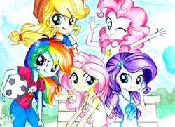 Size: 2932x2117 | Tagged: safe, artist:liaaqila, derpibooru import, applejack, fluttershy, pinkie pie, rainbow dash, rarity, equestria girls, equestria girls (movie), clothes, female, freshman, freshman fair, group photo, humane five, looking at you, smiling, traditional art, younger