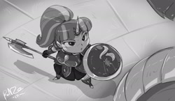 Size: 1920x1117 | Tagged: source needed, safe, artist:shonuff44, starlight glimmer, dragon, human, armor, axe, chibi, commission, horned humanization, humanized, monochrome, shield, weapon