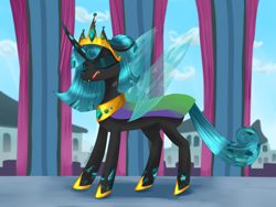 Size: 3000x2250 | Tagged: safe, artist:moskowizki, queen chrysalis, changeling, changeling queen, crown, female, jewelry, regalia, solo, tongue out