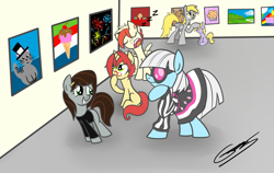 Size: 1900x1200 | Tagged: safe, artist:gearholder, derpy hooves, dinky hooves, photo finish, oc, earth pony, pegasus, pony, unicorn, art gallery, female, filly, glasses, kilroy, kilroy was here, mare, sleeping, unnamed oc, zzz