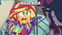 Size: 800x450 | Tagged: safe, edit, edited screencap, screencap, sci-twi, sunset shimmer, twilight sparkle, equestria girls, friendship games, caption, image macro, meme, sunset yells at twilight, the boondocks, vulgar